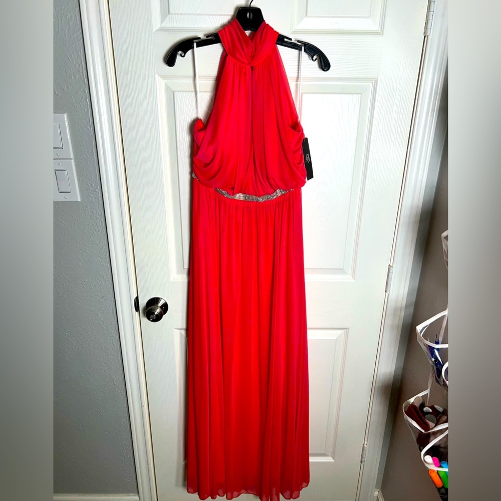 Coral sleeveless full length evening gown with rhinestone detail